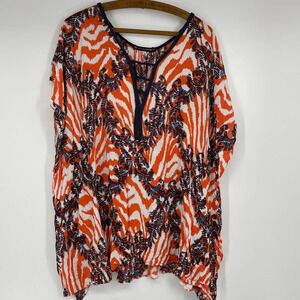 Paula Hermanny blue and orange print beaded swim cover Small